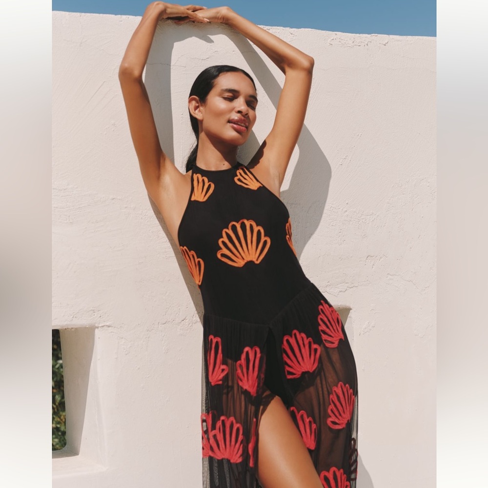 NWT Anthropologie Black Coverup with Red and Orange Shells - Picture 2 of 3